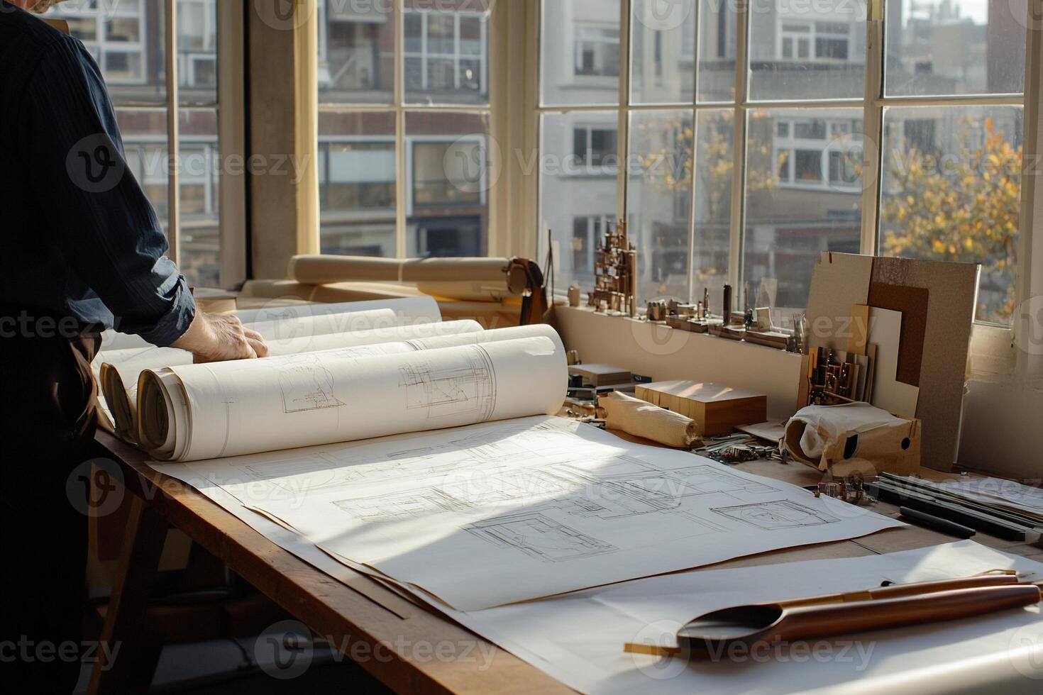 Architect reviewing blueprints in a sunlit studio photo