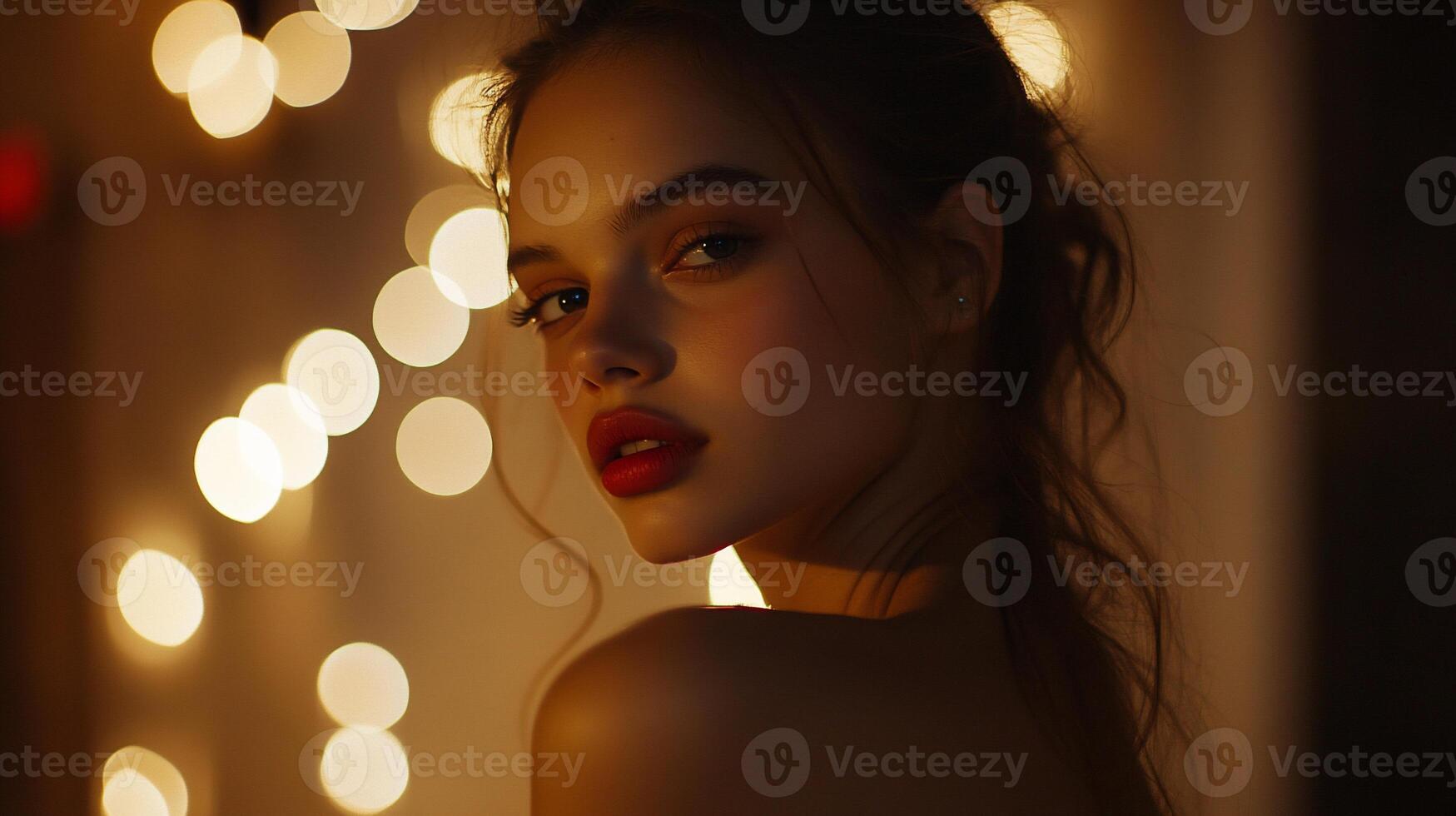 A woman with red lips and a red dress photo