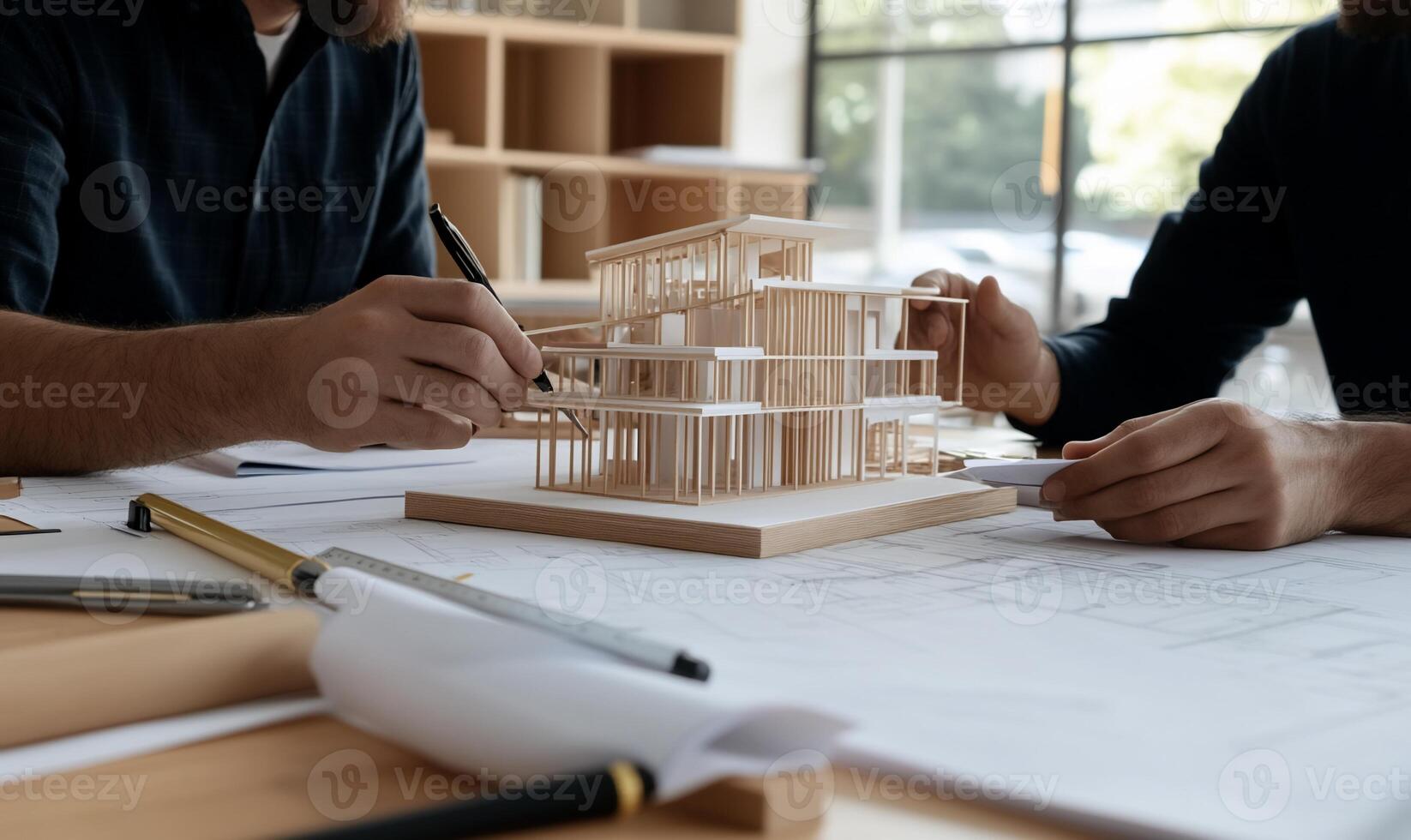 Architects collaborating on a building model. Detailed architectural plans and blueprints surround the model photo