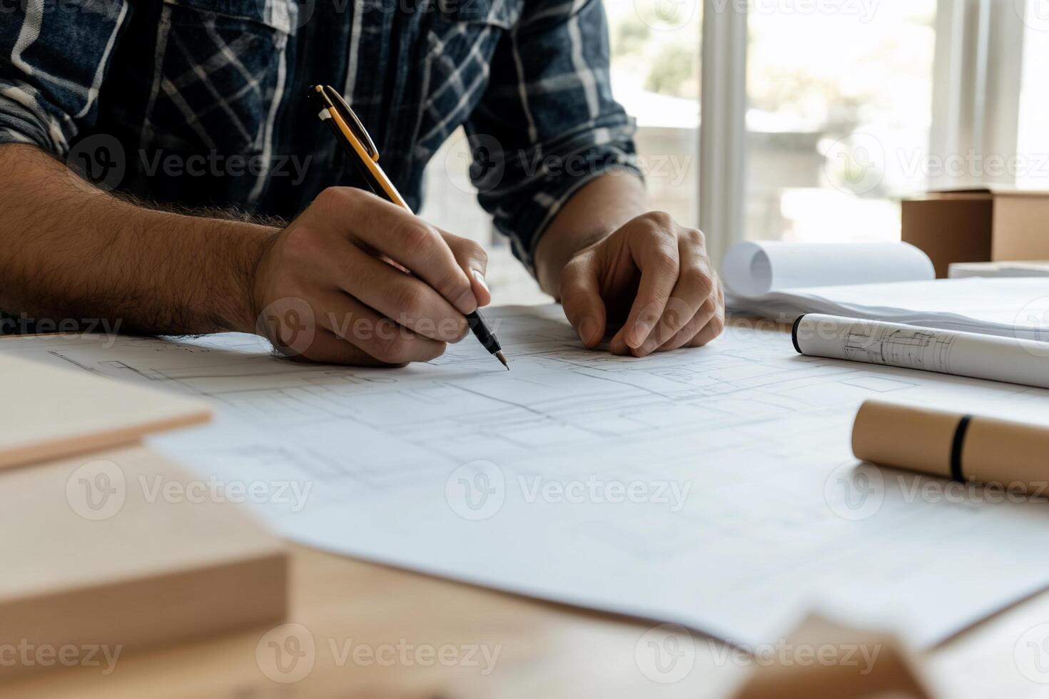 Architect working on blueprints. Hands drawing on plans photo