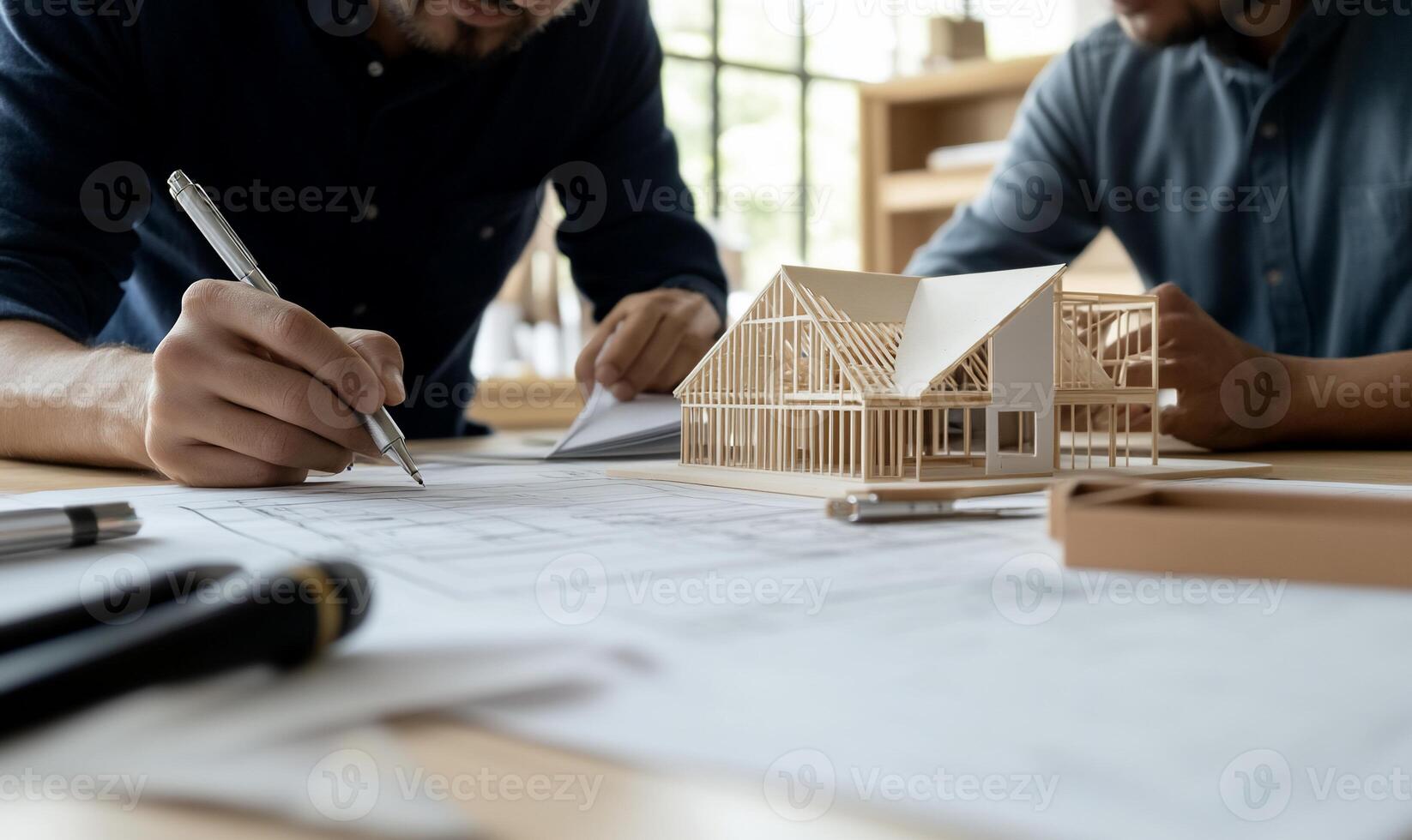 Architects reviewing blueprints and model photo
