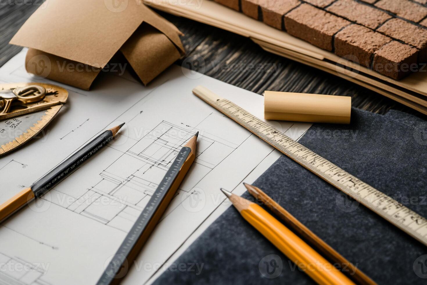 Architectural blueprints and construction tools on a wooden table photo