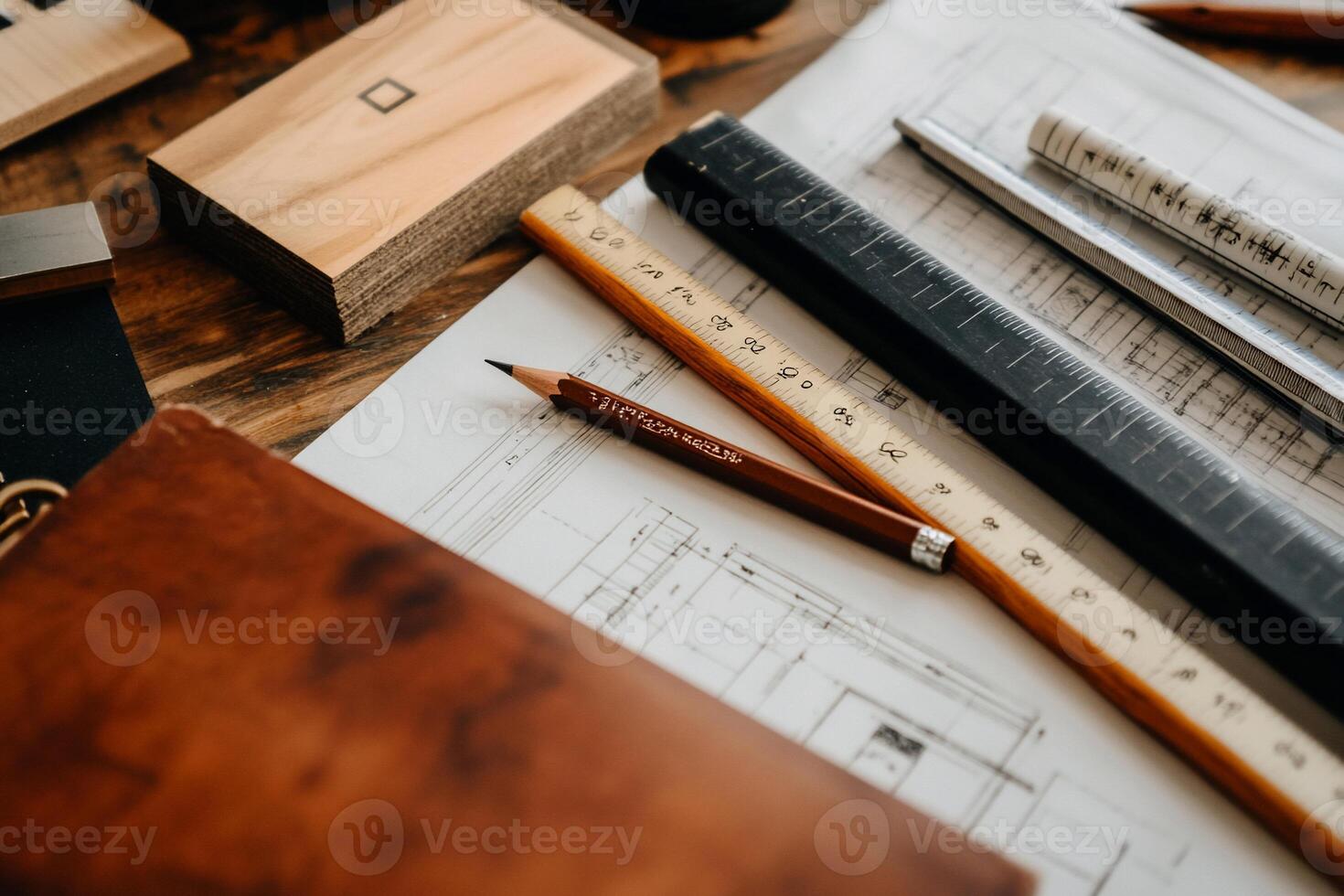 Architectural blueprints and tools on a wooden surface. Detailed technical drawings, rulers, and pencils photo