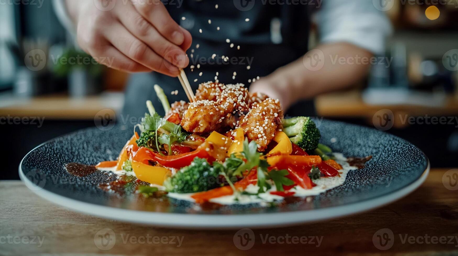 Chef garnishing a plate of flavorful dish with sesame seeds photo