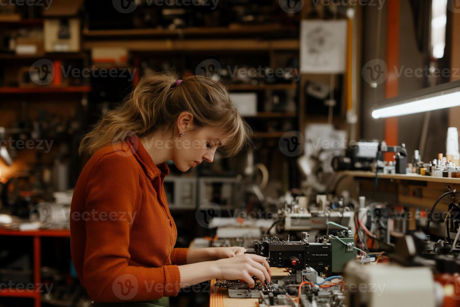A woman working on a computer in a workshop photo