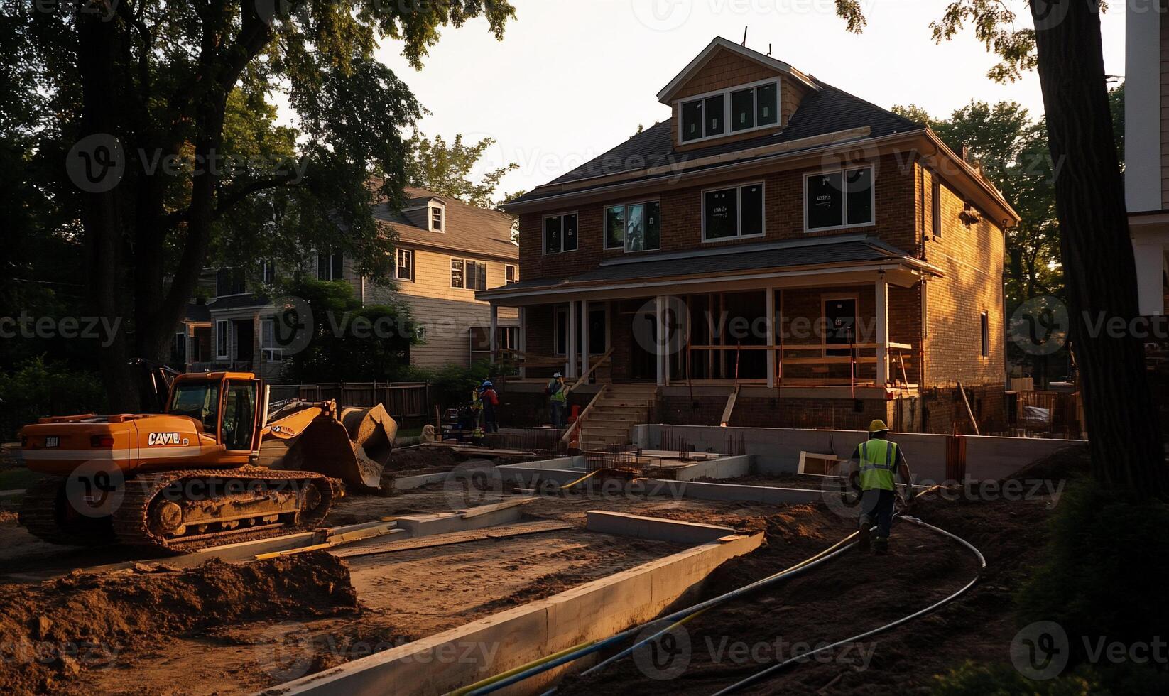 A house under construction with a construction worker standing next to it photo