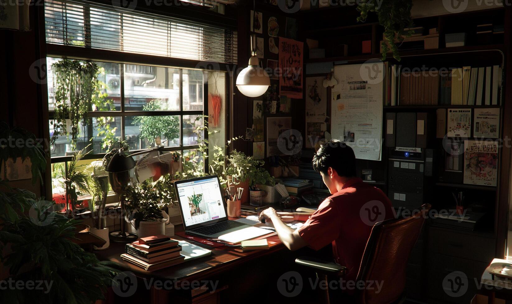 Cozy workspace with natural light photo