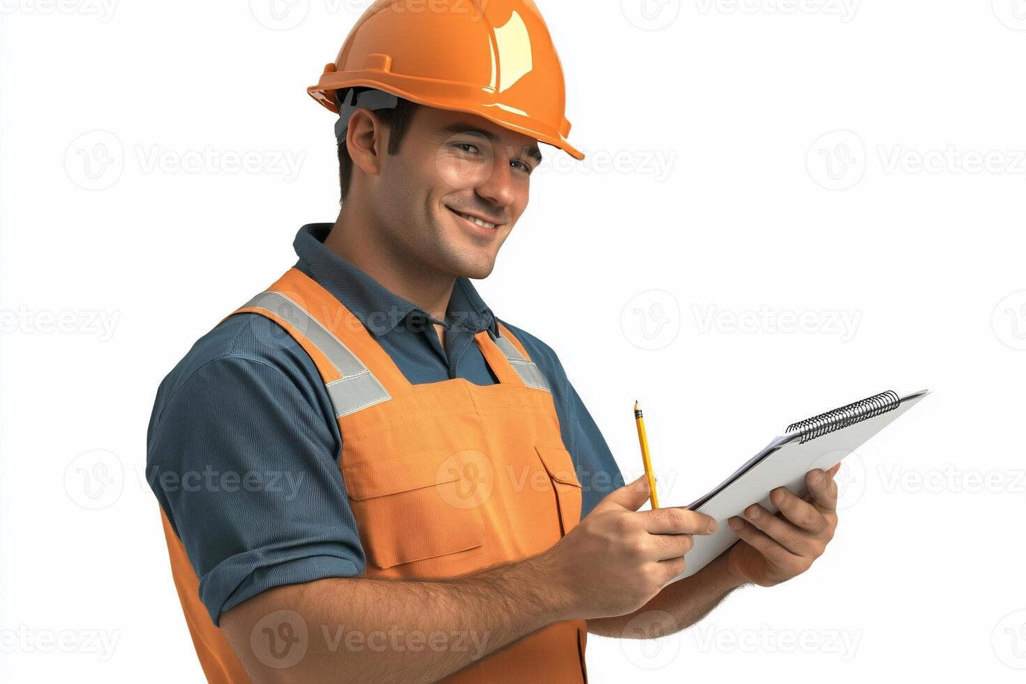 A man in an orange hard hat and overalls holding a clipboard photo