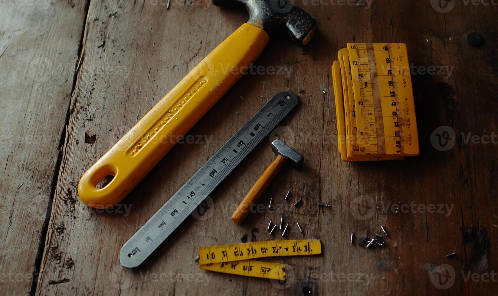 Work tools on a wooden surface photo