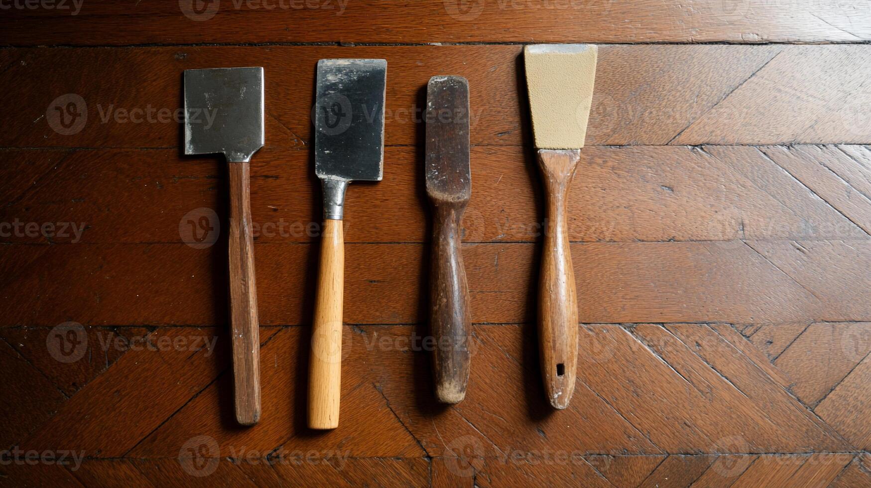 Four vintage painting tools on a wooden table. Different sizes and materials, likely used for applying or removing paint photo