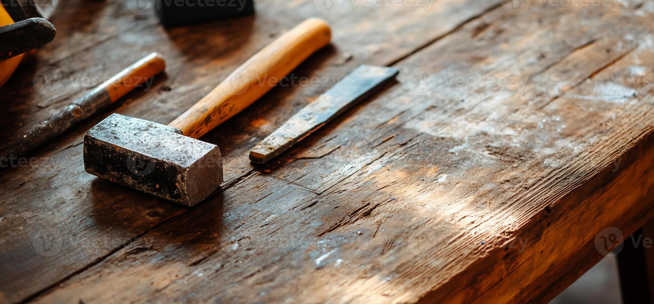 Workshop tools on weathered workbench photo