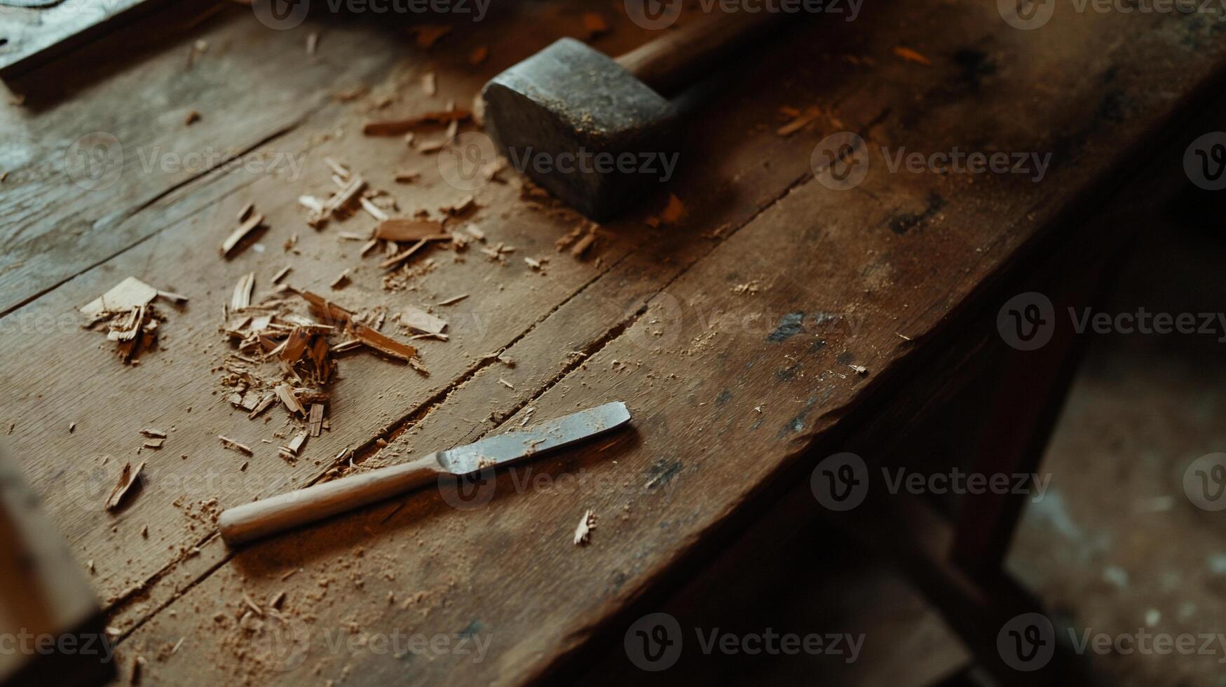 Woodworking tools on a weathered workbench. Wood shavings and a chisel are scattered on a rustic wooden table photo