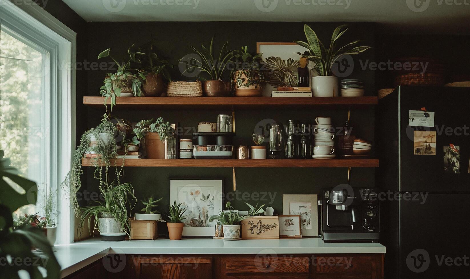 Rustic kitchen with plants and shelves photo