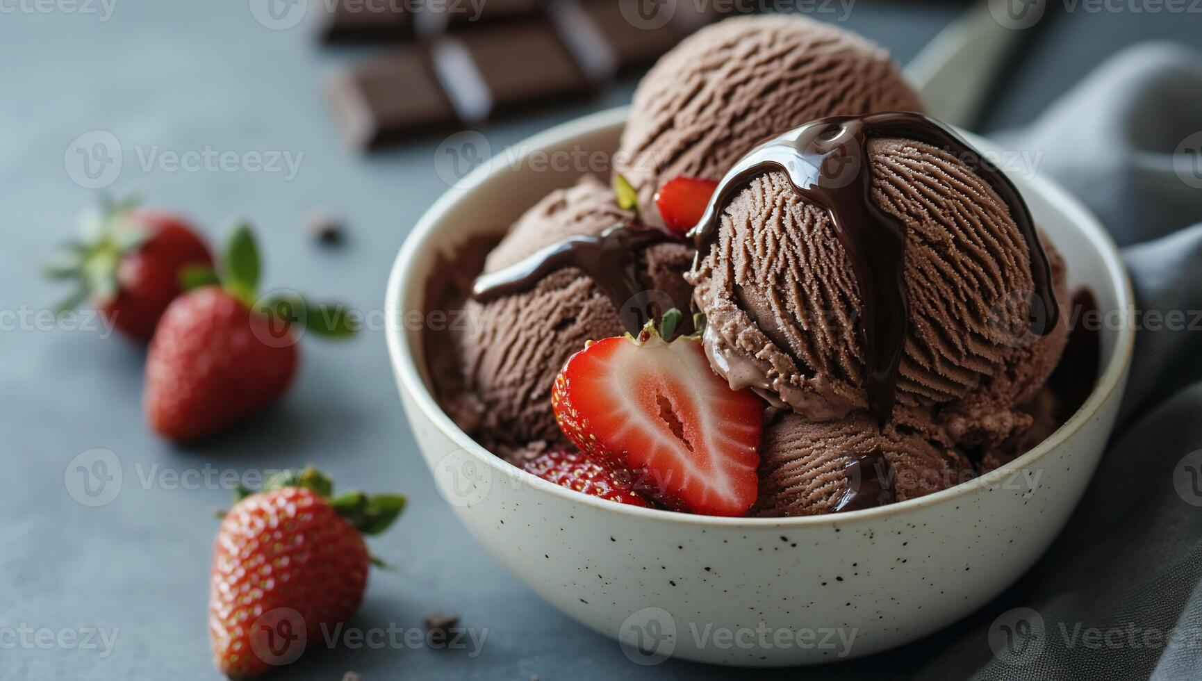 Chocolate ice cream with strawberries and chocolate chips photo