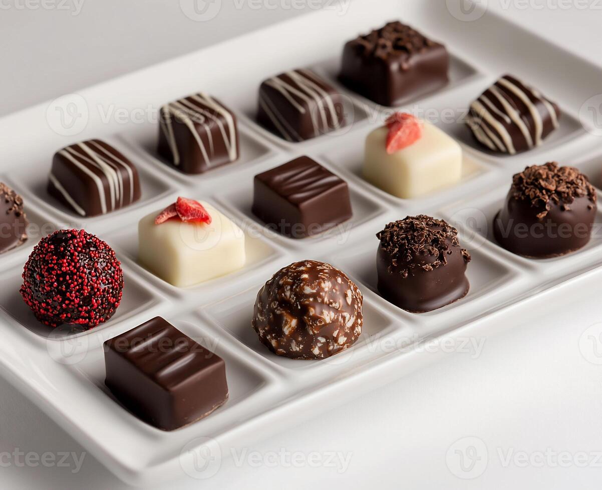 Assorted gourmet chocolates arranged on a white platter. Variety of shapes and fillings photo