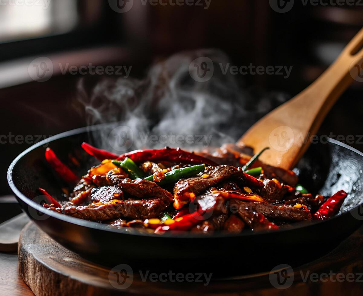 A pan with meat and vegetables cooking on a wooden spoon photo