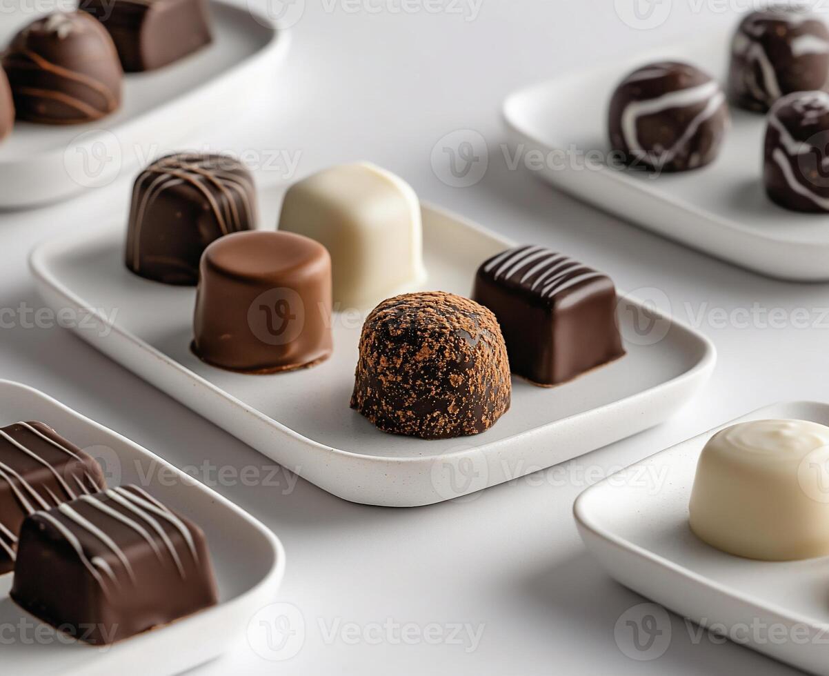 Assorted chocolates on white plates. Various shapes, colors, and textures photo