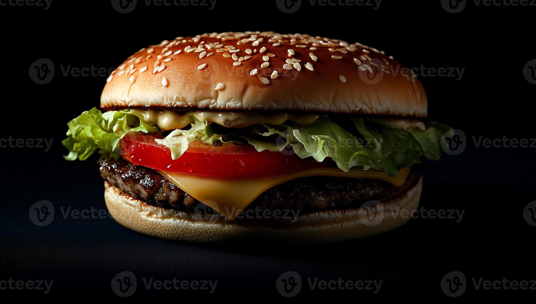 A hamburger with cheese and lettuce on a black background photo