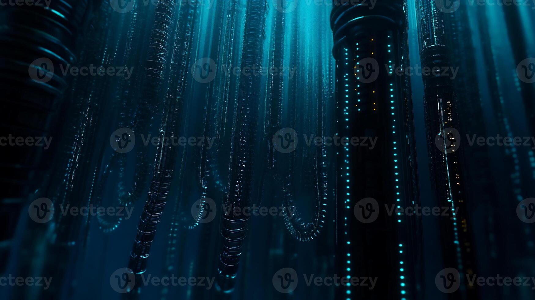 Subaquatic tech structures. Luminous columns photo