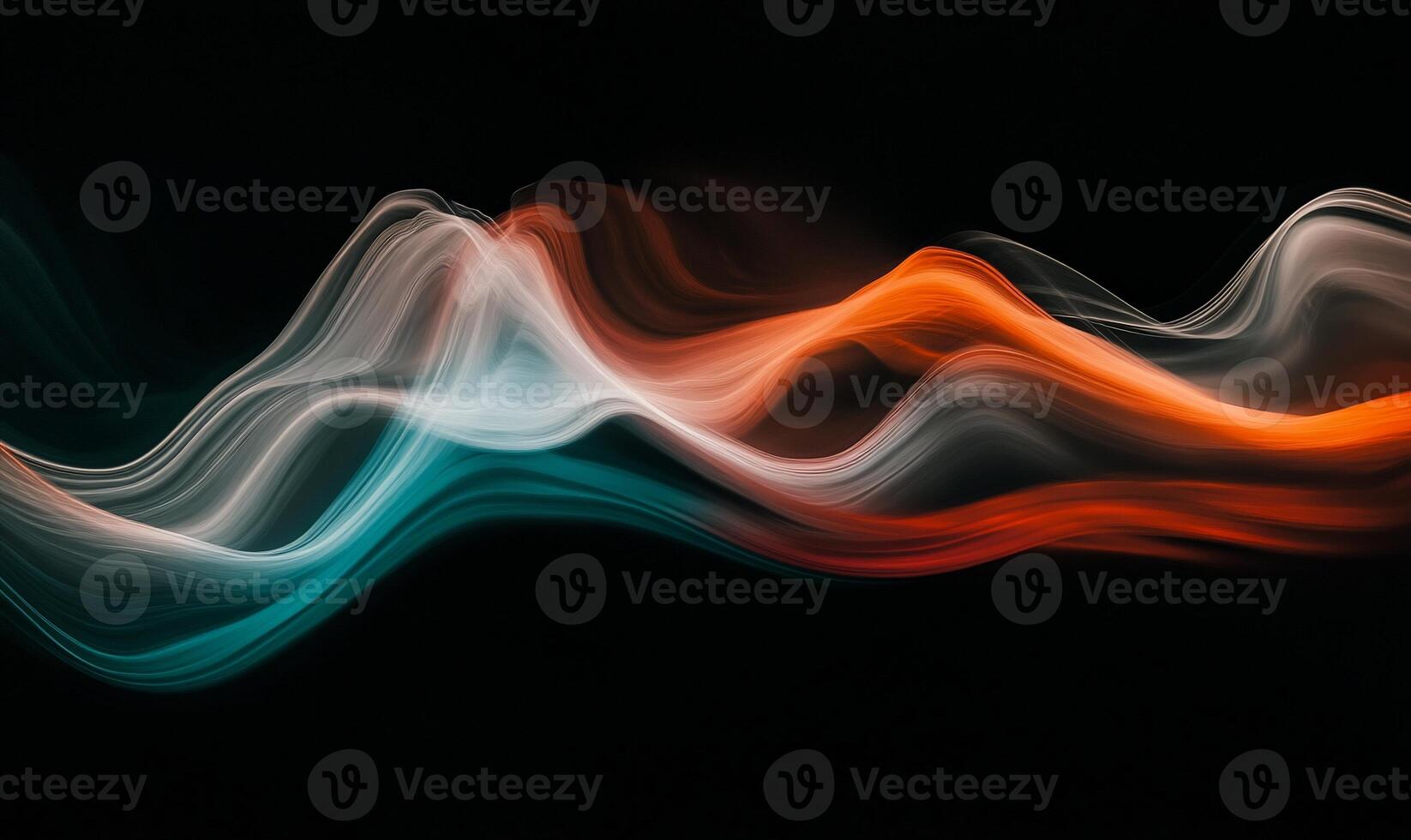 Abstract flowing waves of teal, white, and orange on black background photo