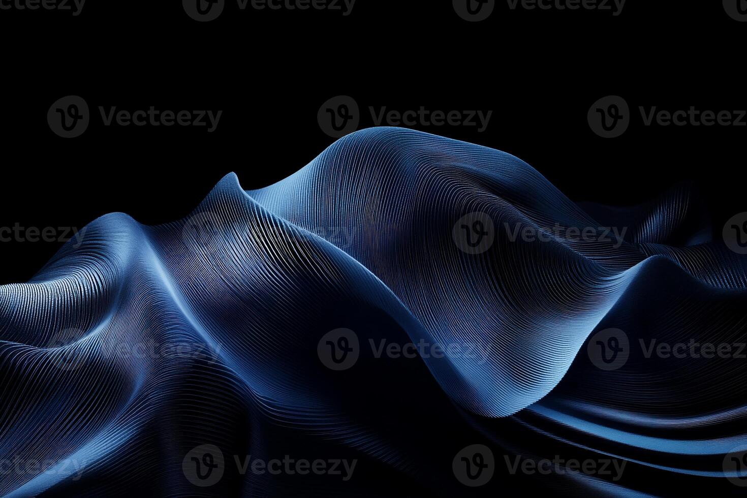 Dark blue, flowing, abstract wave pattern on black background photo