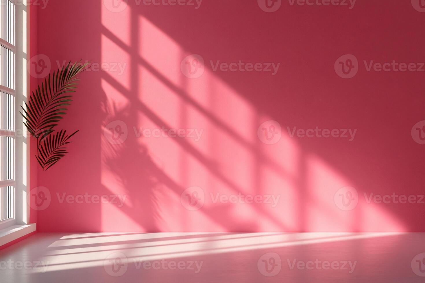 Sunlight streams through window onto a pink wall, casting shadows of a palm frond photo