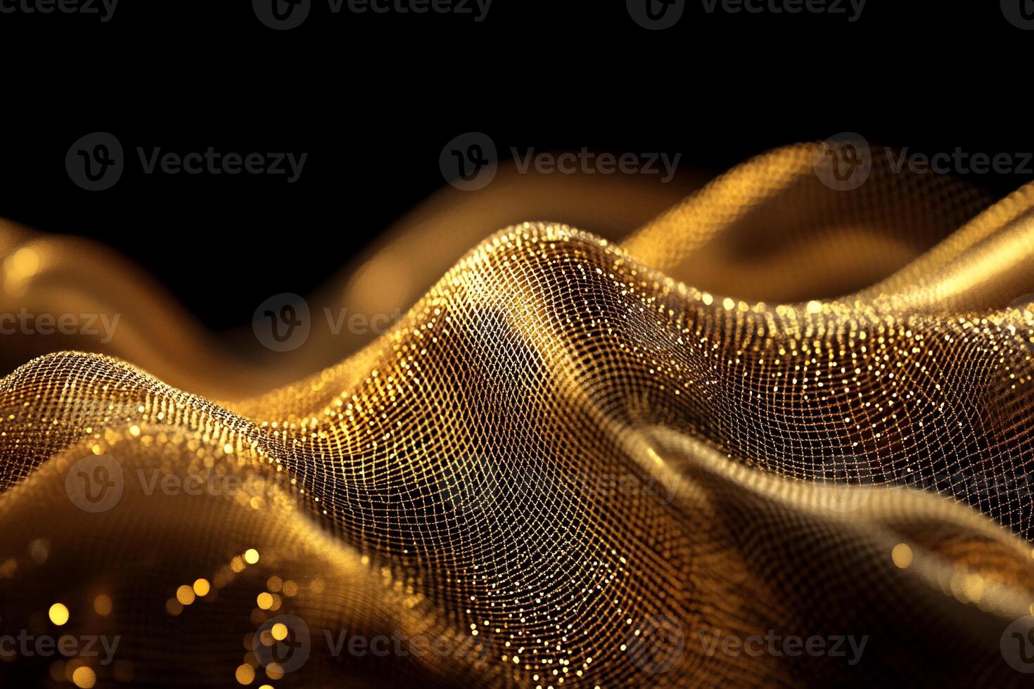 Golden, shimmering, flowing particle wave on black background photo