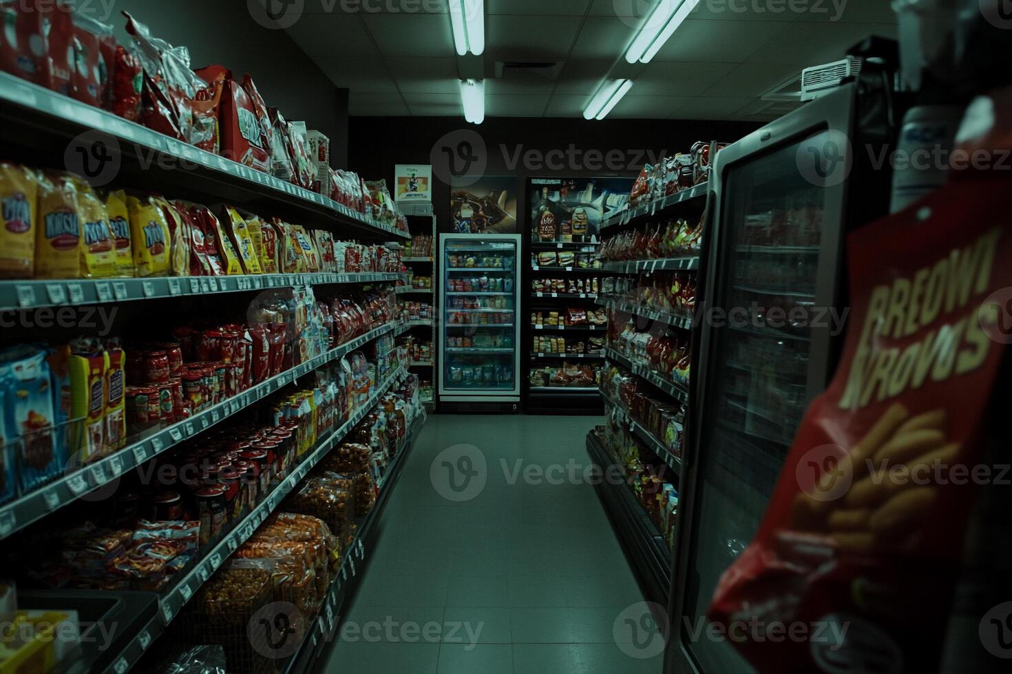 Empty grocery aisle, dark and dimly lit photo