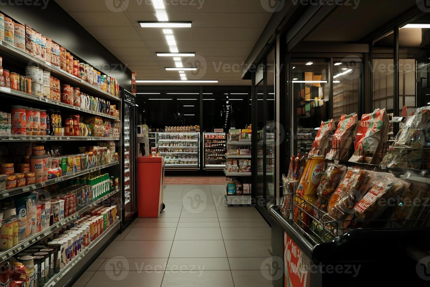 Empty grocery store aisle at night. Aisles filled with canned goods, snacks, and refrigerated items. Interior shot of a dark, modern convenience store photo