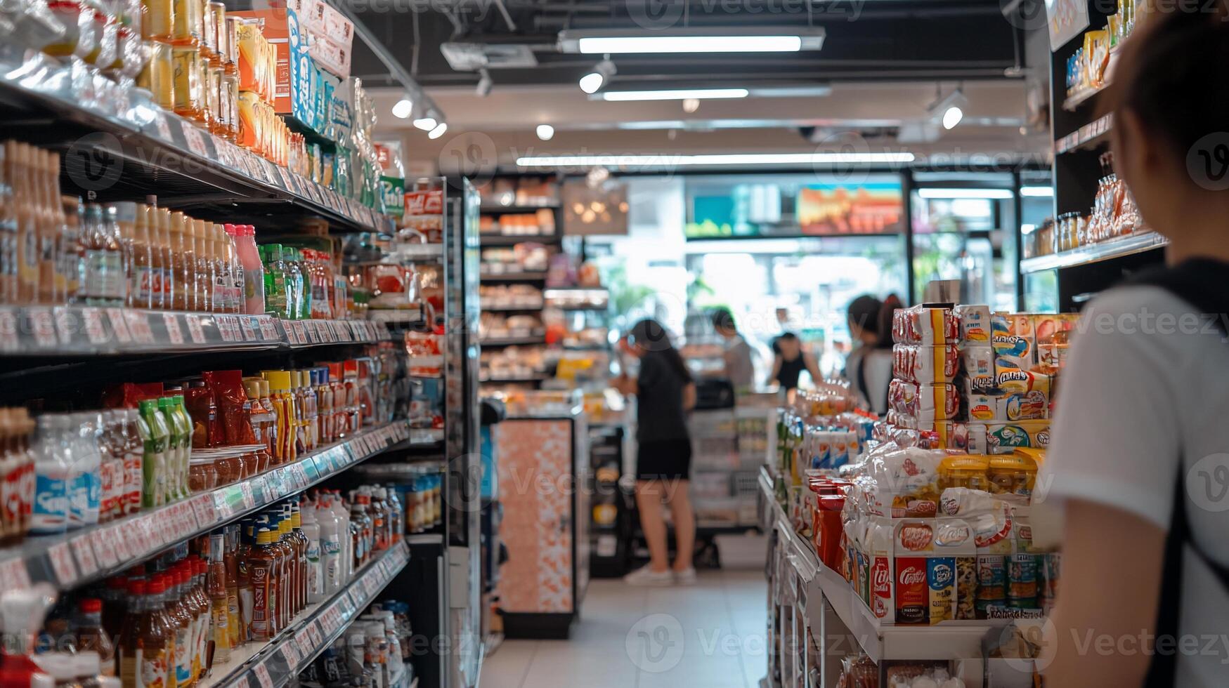 Grocery store interior with shoppers. Aisles filled with various food products photo