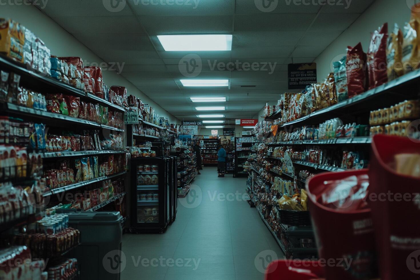Empty grocery aisle, dimly lit shelves photo