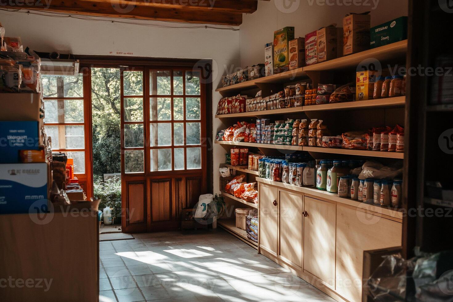 Small grocery store interior, natural light photo