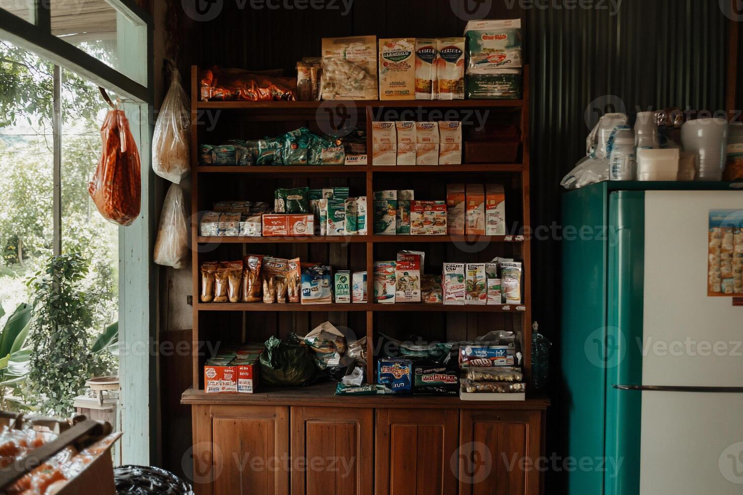 Wooden grocery shelves filled with various food items photo