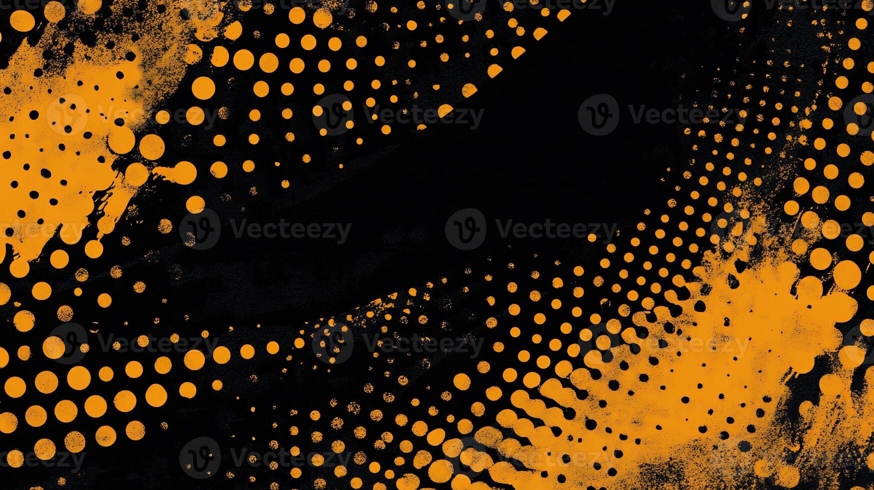 Abstract art with orange halftone dots and grunge texture on black background photo