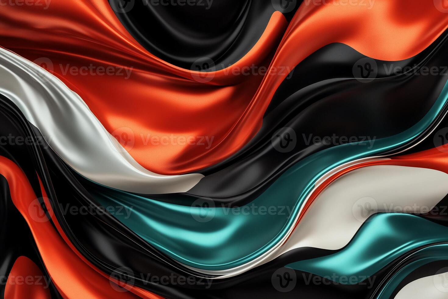 Abstract swirling fabric in black, orange, teal, and silver photo