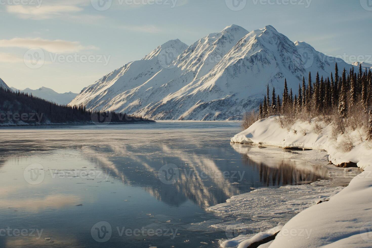 Serene winter lake reflecting snow-capped mountains and frozen shoreline photo