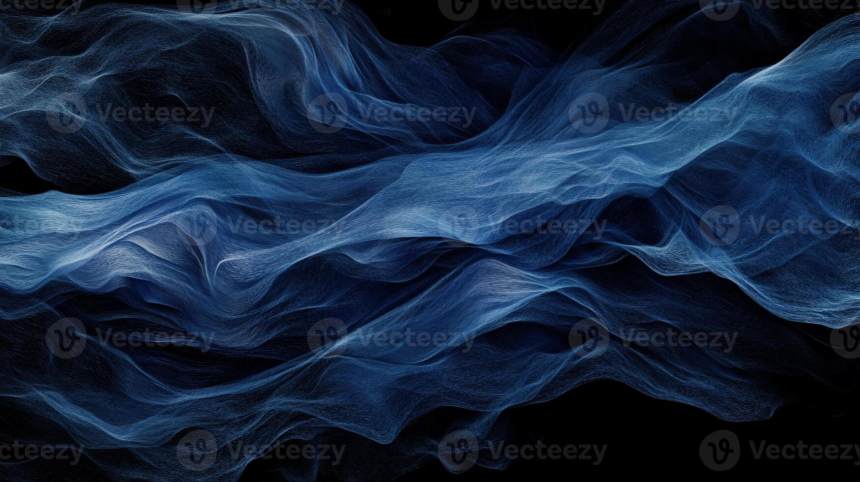 Abstract blue wave, flowing fabric-like texture on black background photo