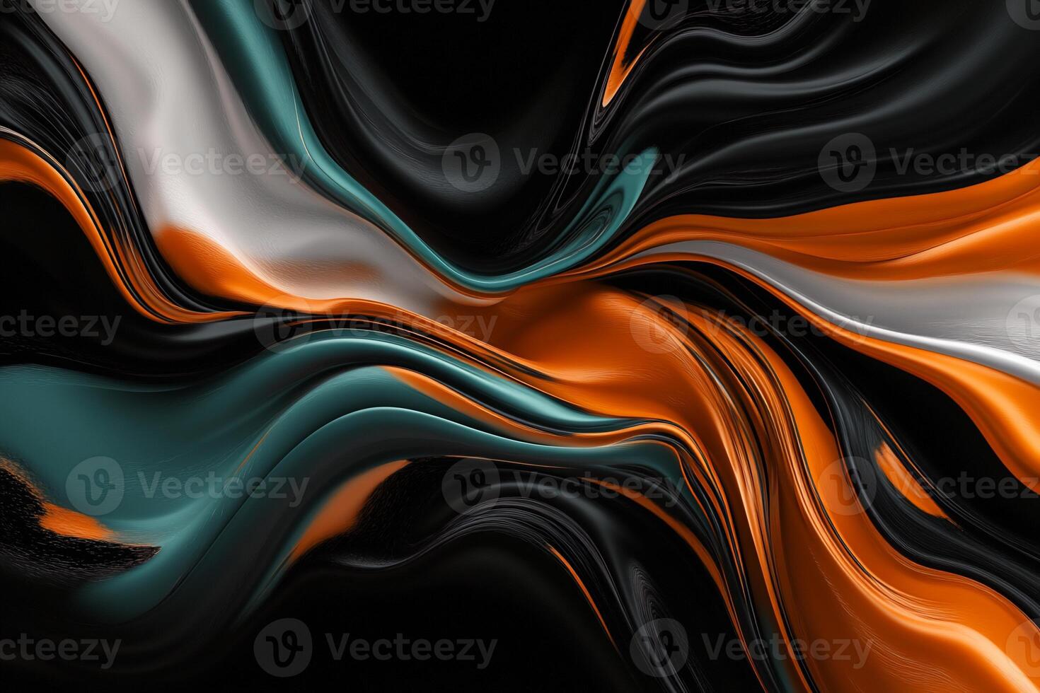 Abstract swirls of teal, orange, and black. Fluid, glossy texture photo