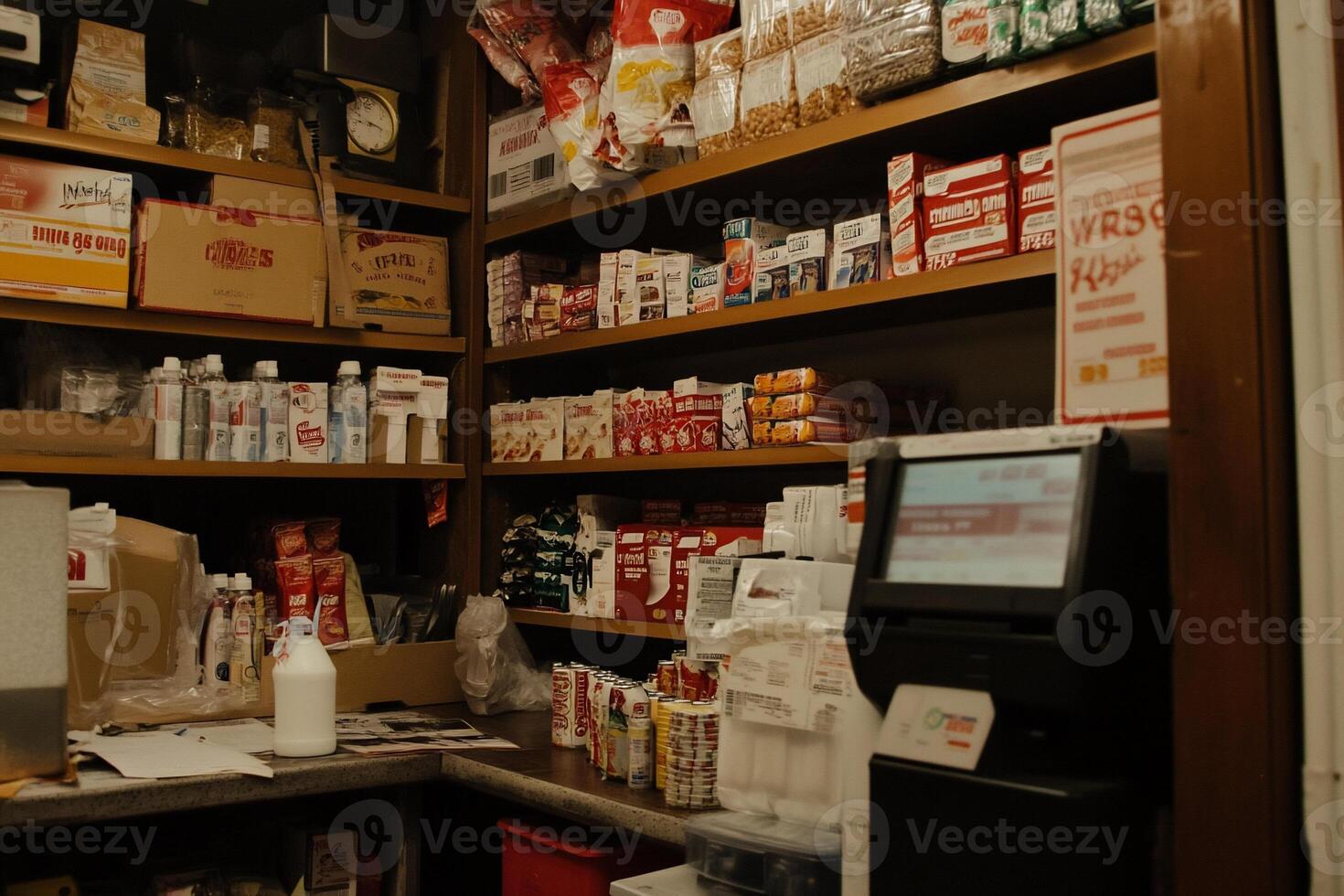 A well-stocked pantry with various food and household items photo