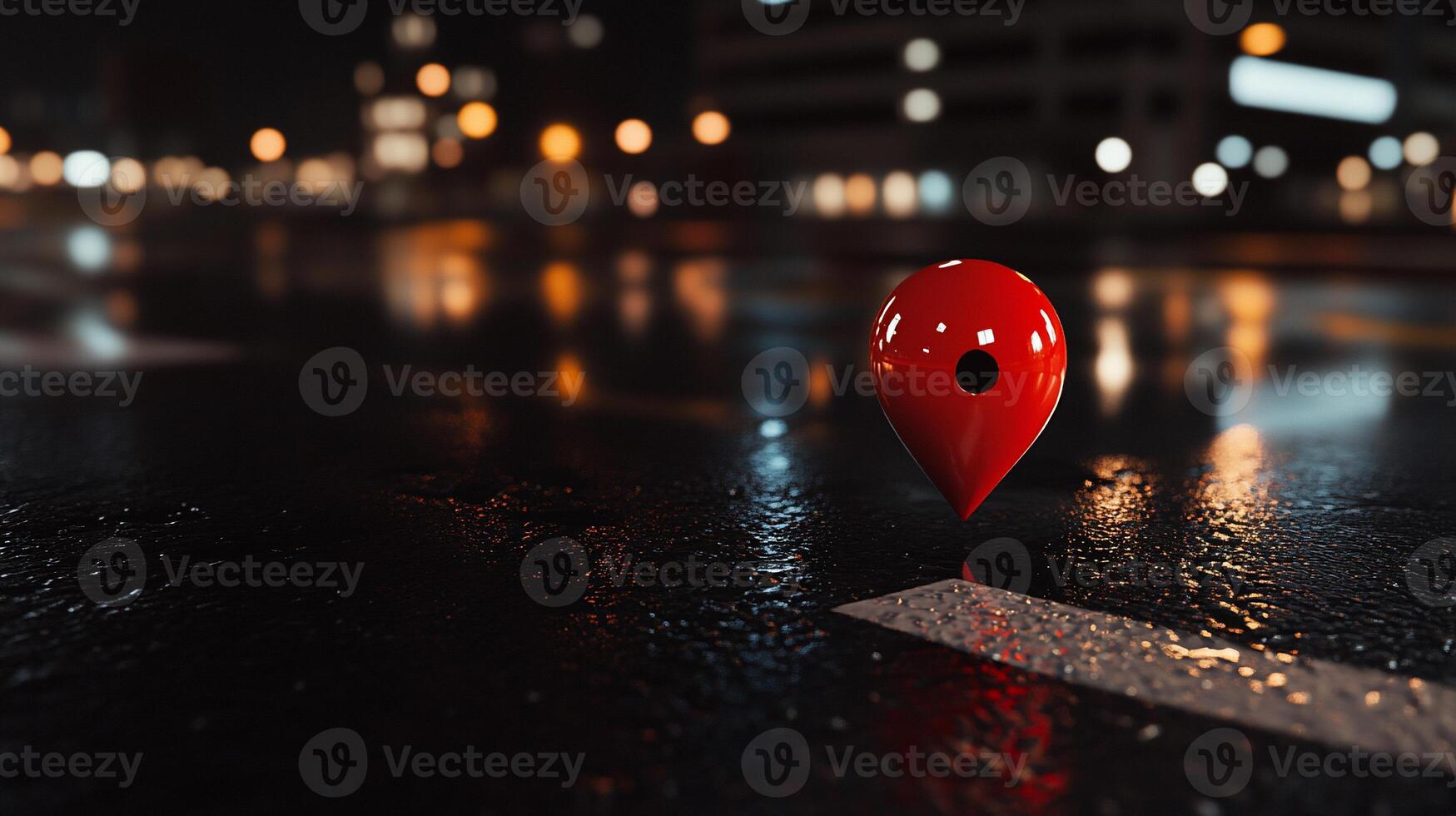 Red location pin on rain-slicked city street at night photo