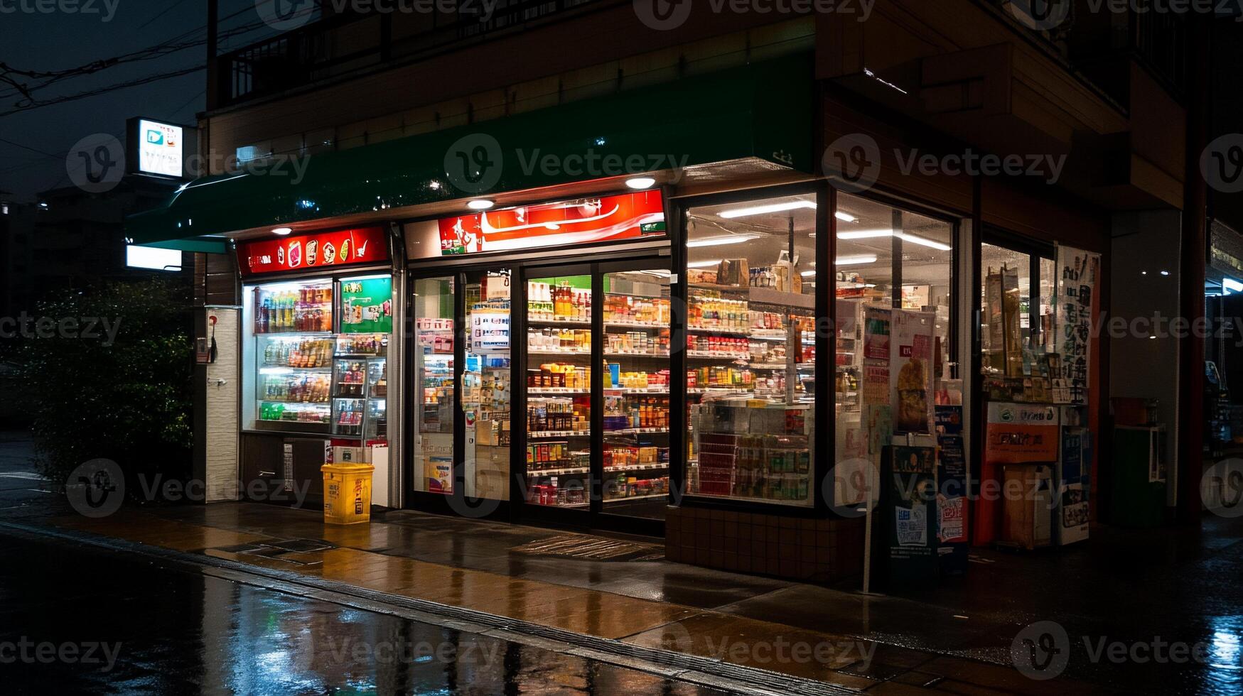 Nighttime convenience store, brightly lit, showing various products photo