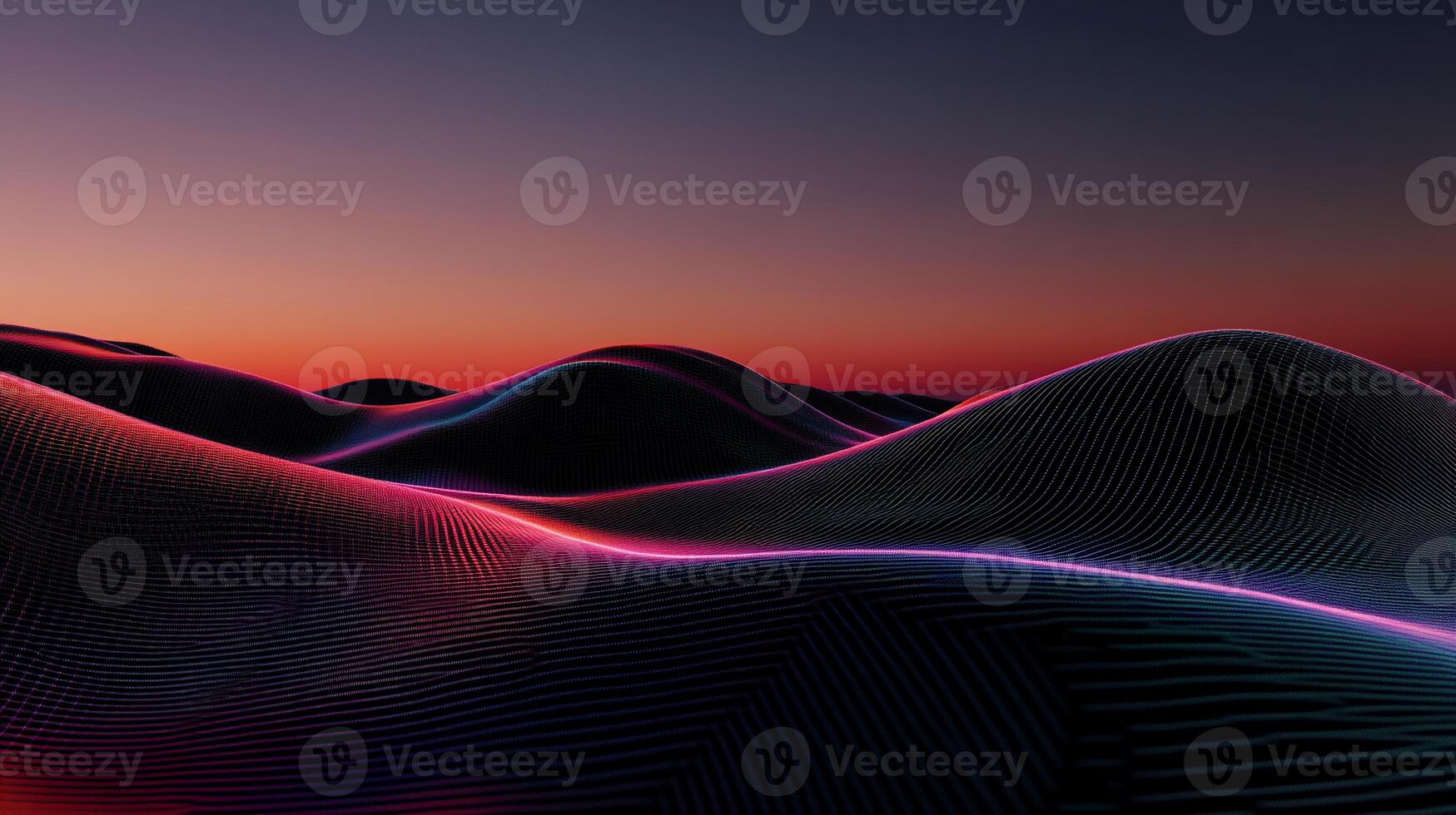 Abstract landscape of undulating hills at sunset rendered in a grid-like pattern with vibrant pink and blue neon glow photo