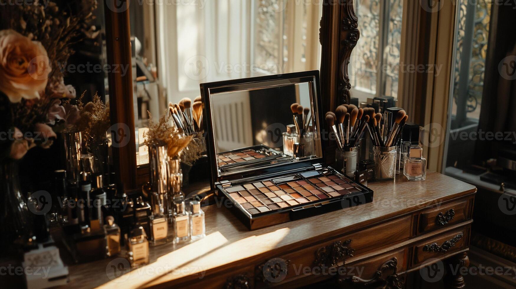 Sunlit vanity with eyeshadow palette, brushes, and perfume photo
