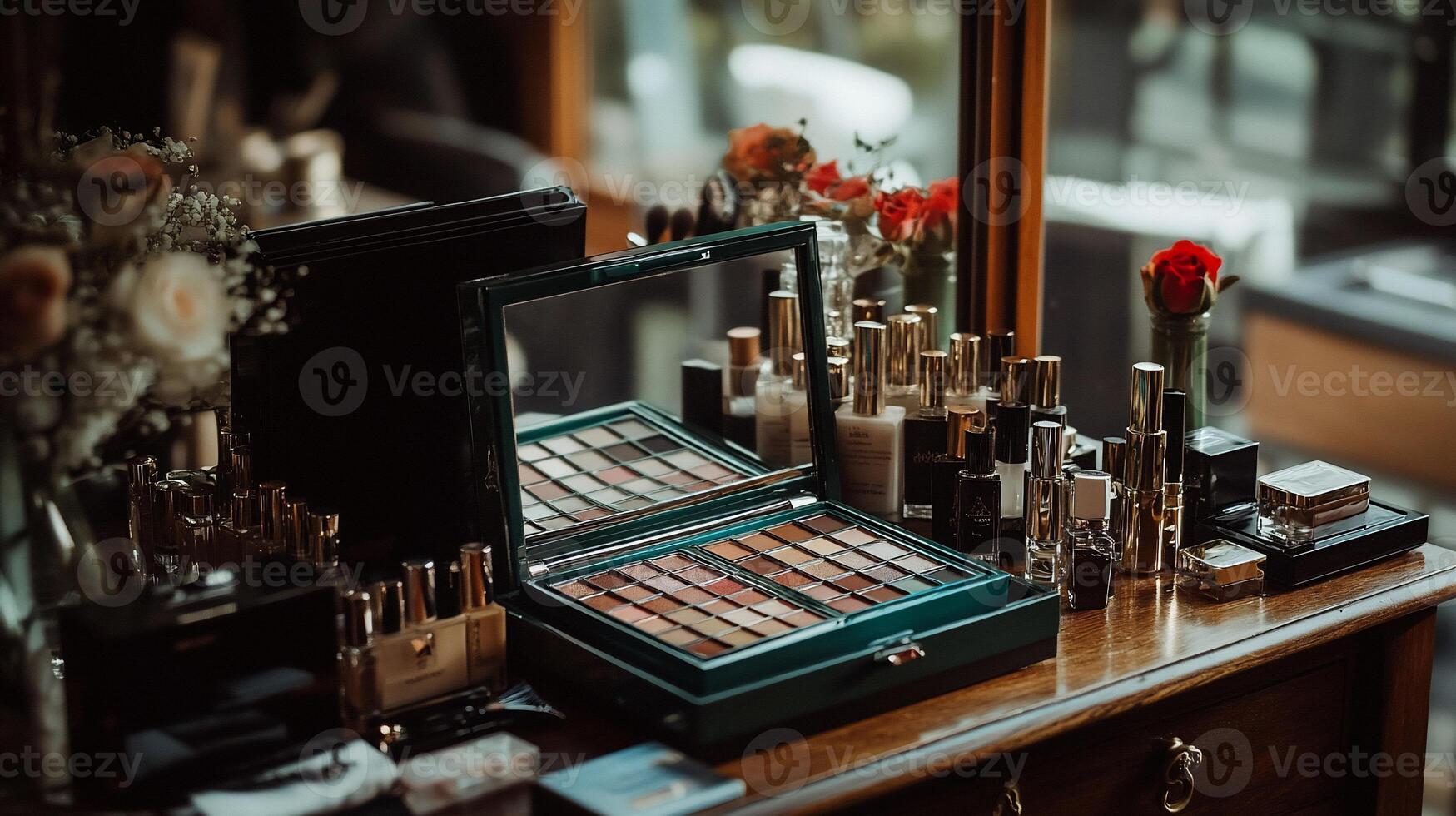Elegant makeup display with palettes, bottles, and flowers photo