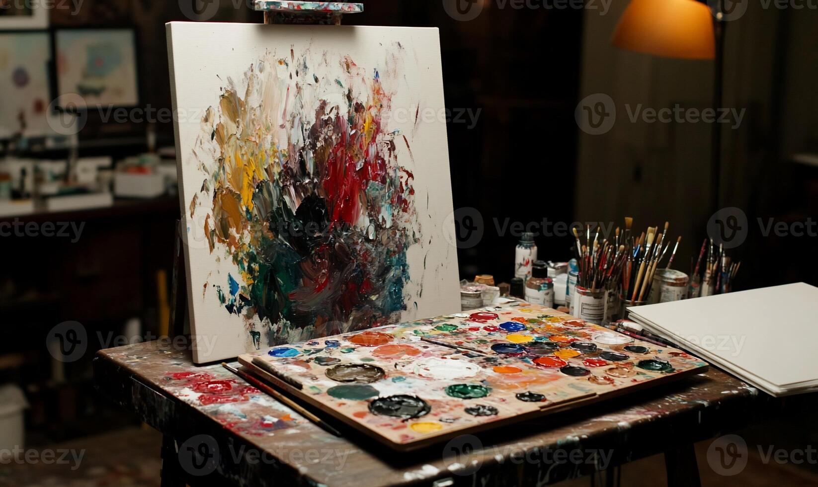 An easel displays an abstract oil painting, surrounded by paints, brushes, and a palette photo