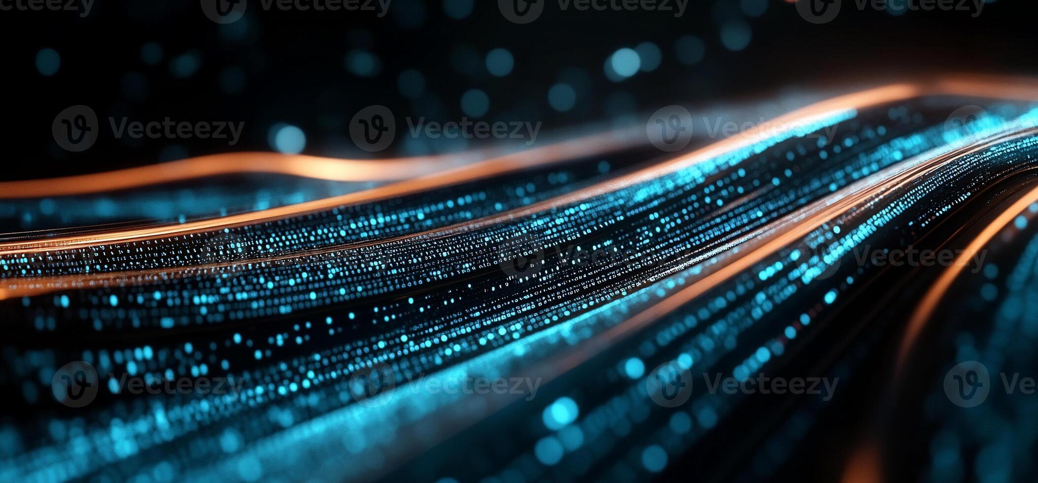 Abstract flowing data streams, glowing cyan and orange hues on dark background photo