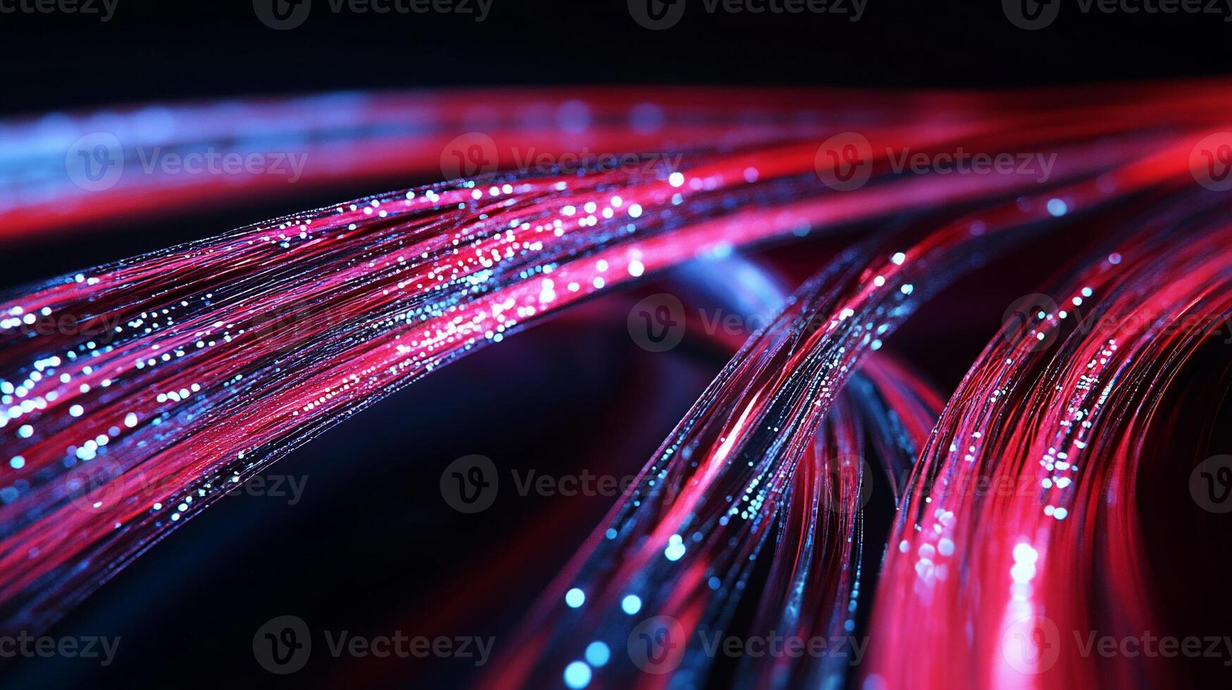 Glowing fiber optic cables, intricate red and blue strands photo