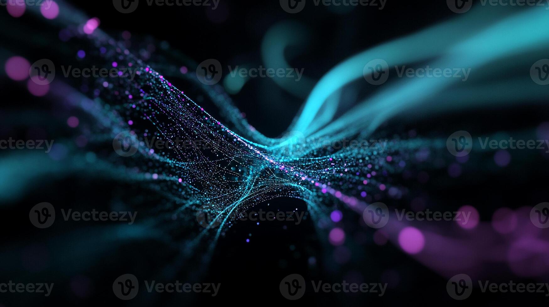 Abstract swirling light particles, vibrant teal and purple hues on black photo