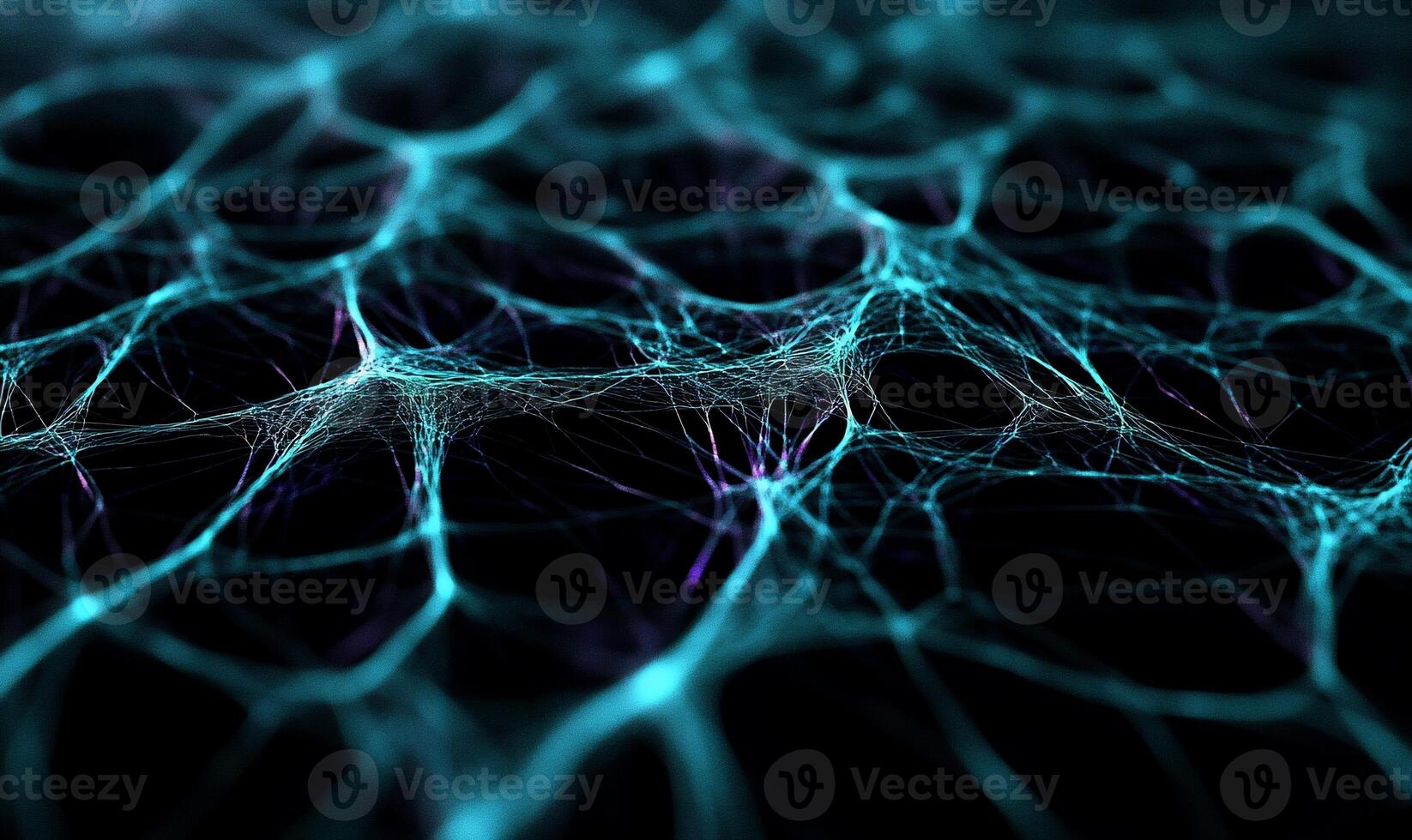 Intricate cyan web, glowing nodes, dark background photo