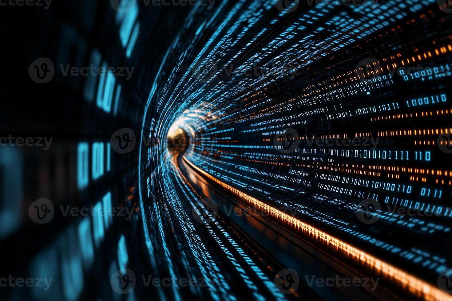Data stream tunnel, glowing binary code photo